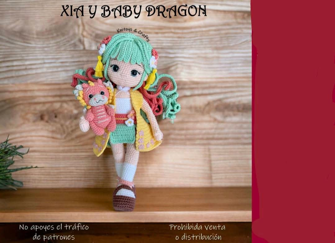 Patrón de Ganchillo Muñeca Amigurumi Xia con Dragón