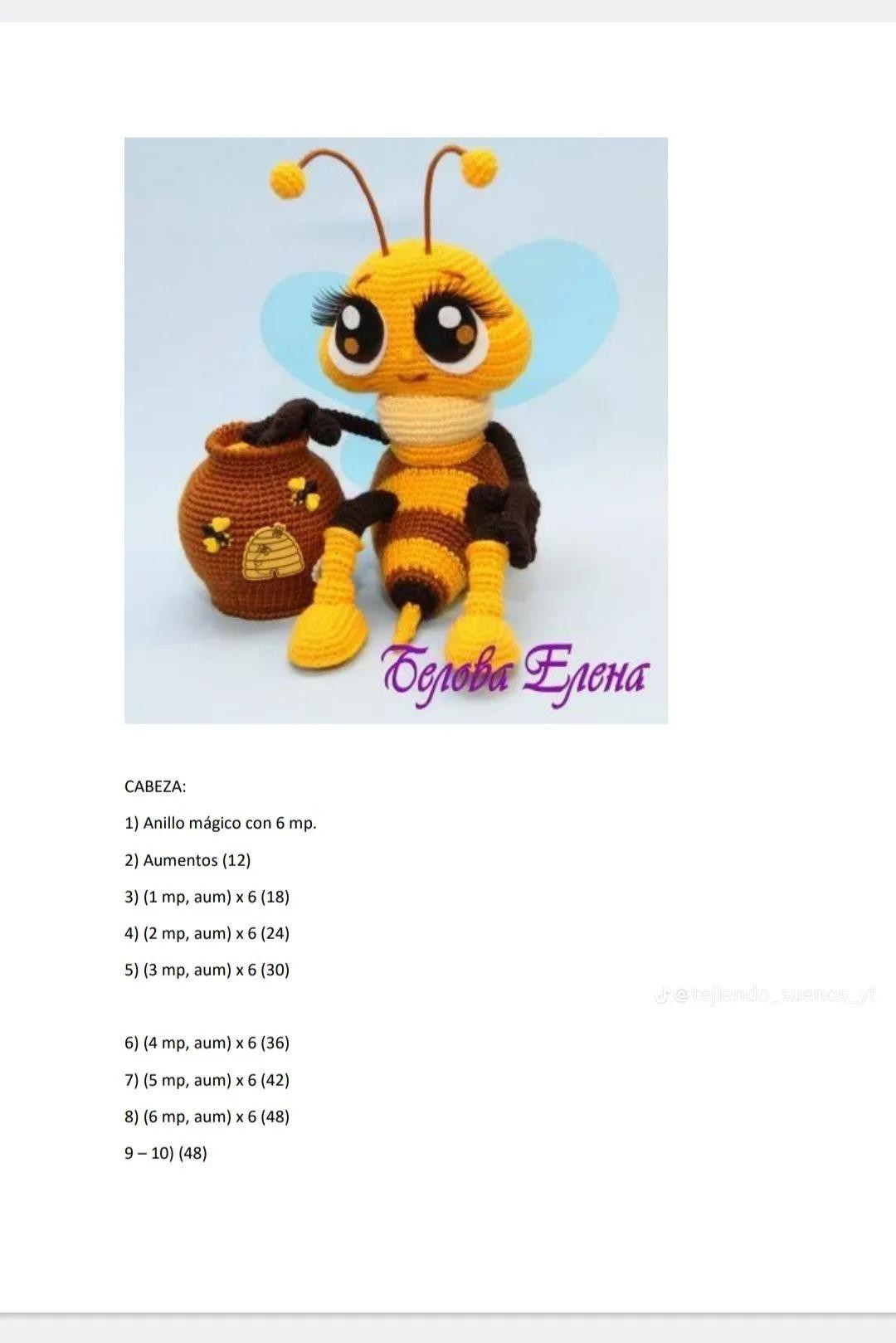 Patrón de ganchillo para abeja amigurumi con miel