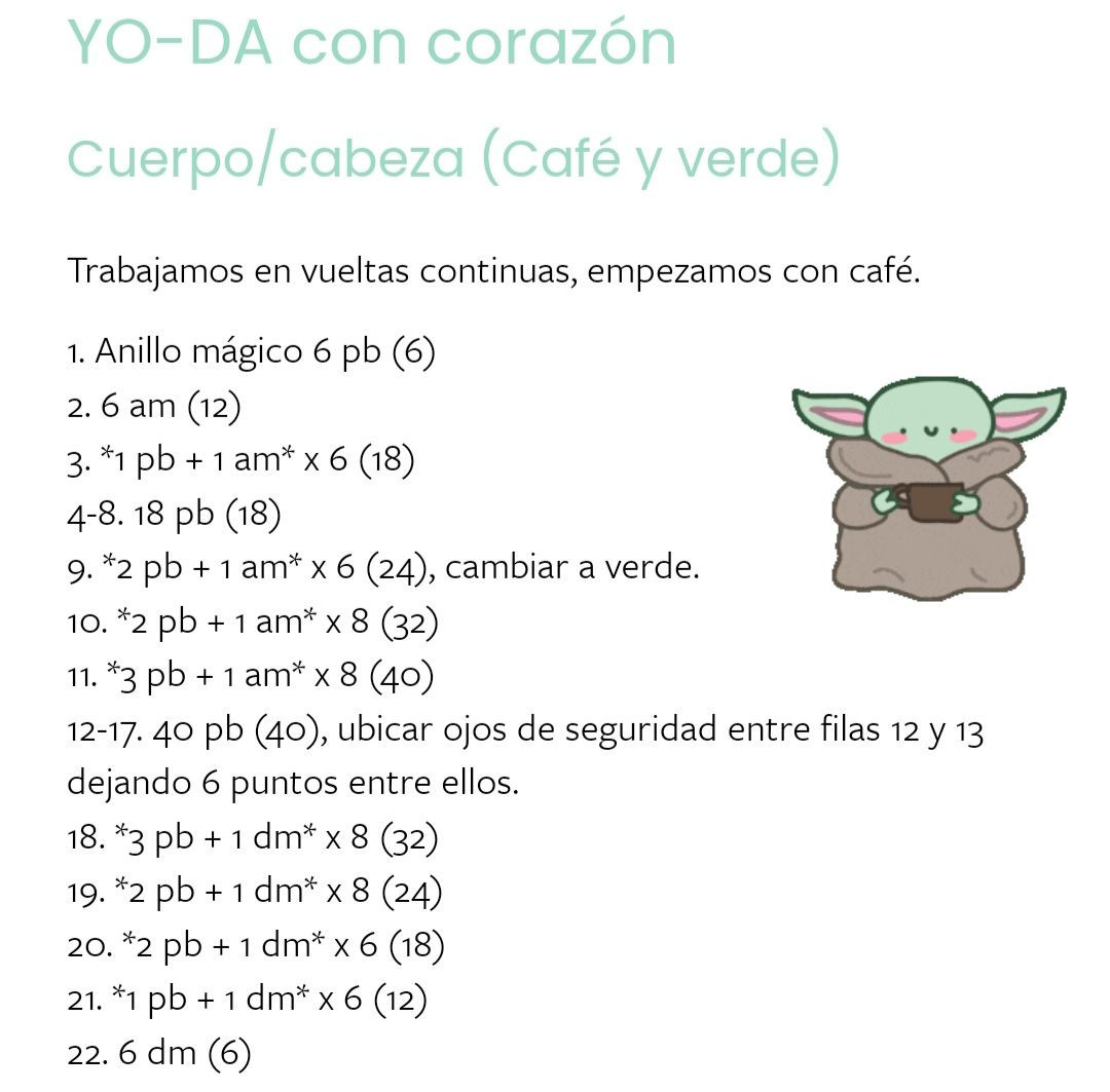 Patrón de ganchillo para amigurumi Baby Grogu con corazón rojo