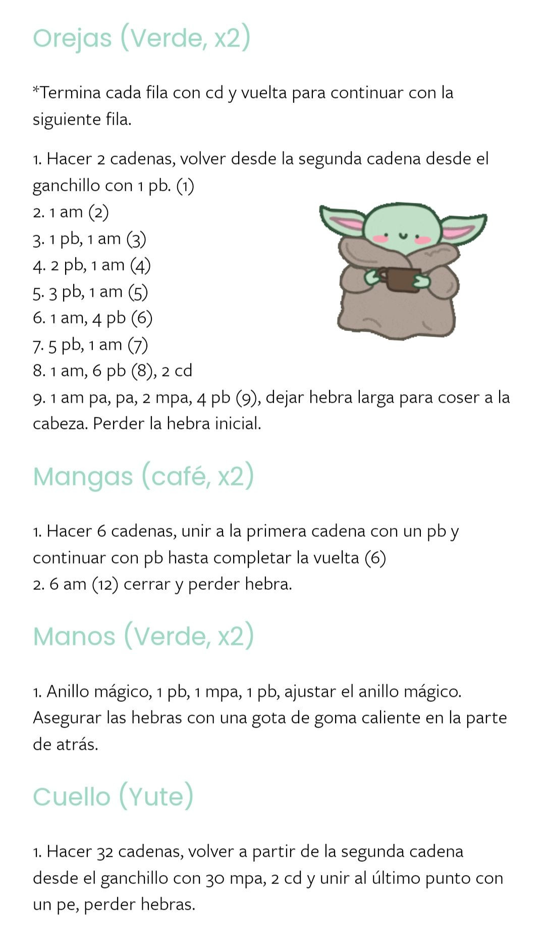 Patrón de ganchillo para amigurumi Baby Grogu con corazón rojo