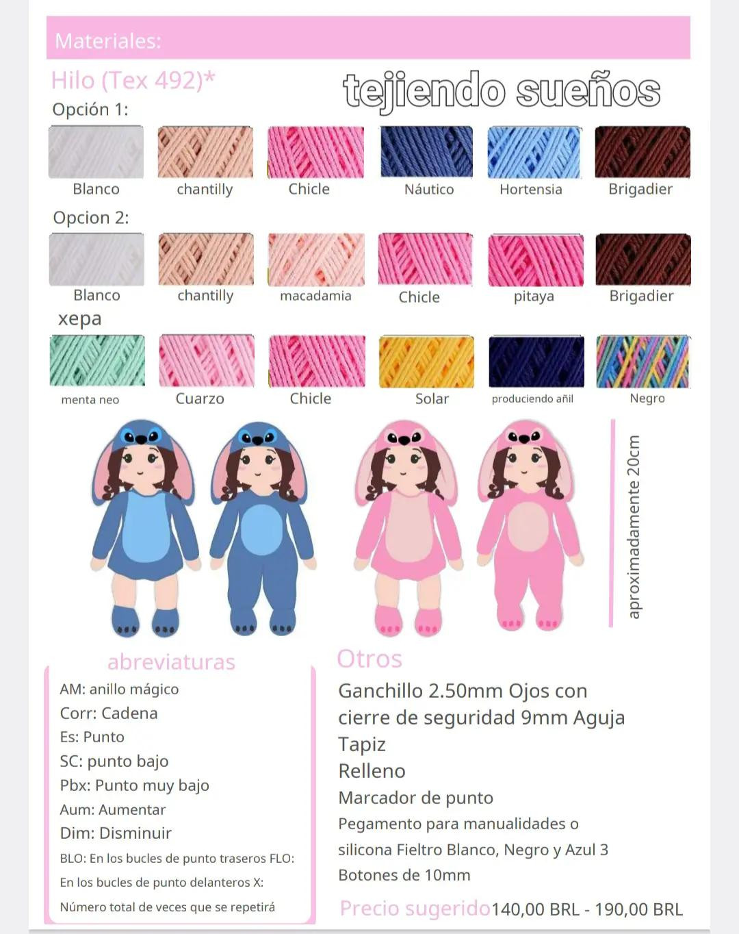 Patrón de ganchillo para muñeca amigurumi con disfraz de Stitch, incluyendo lista de materiales y diagramas paso a paso