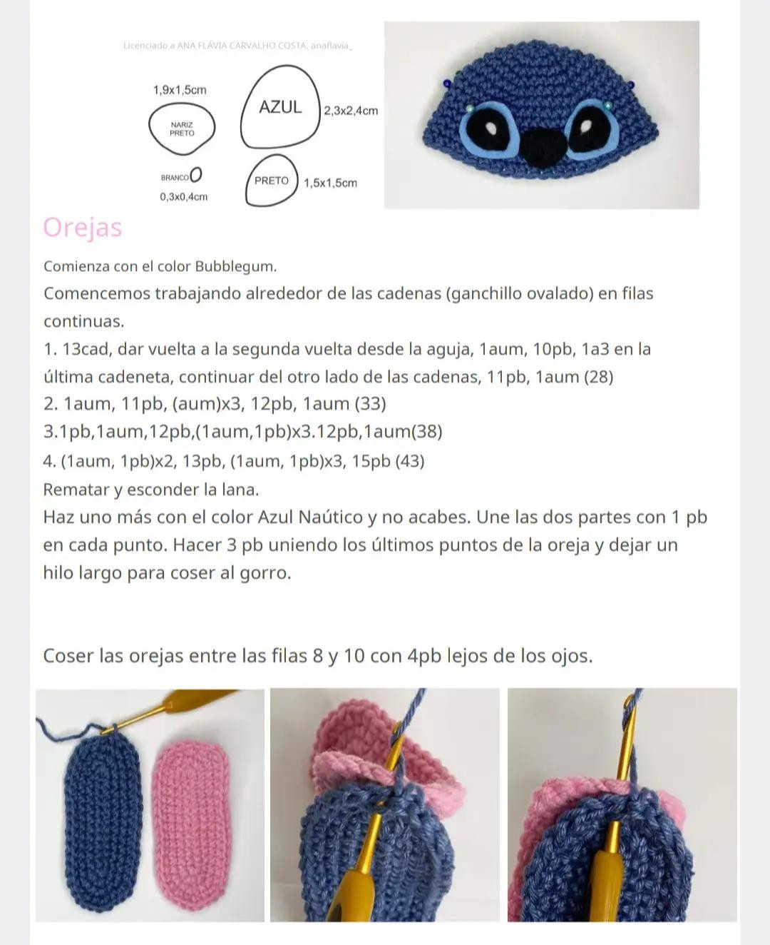 Patrón de ganchillo para muñeca amigurumi con disfraz de Stitch, incluyendo lista de materiales y diagramas paso a paso