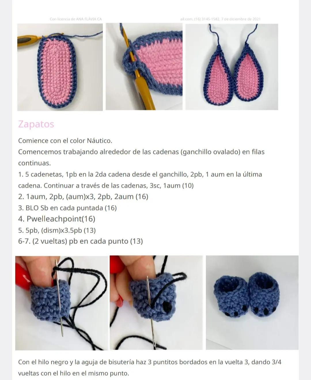 Patrón de ganchillo para muñeca amigurumi con disfraz de Stitch, incluyendo lista de materiales y diagramas paso a paso
