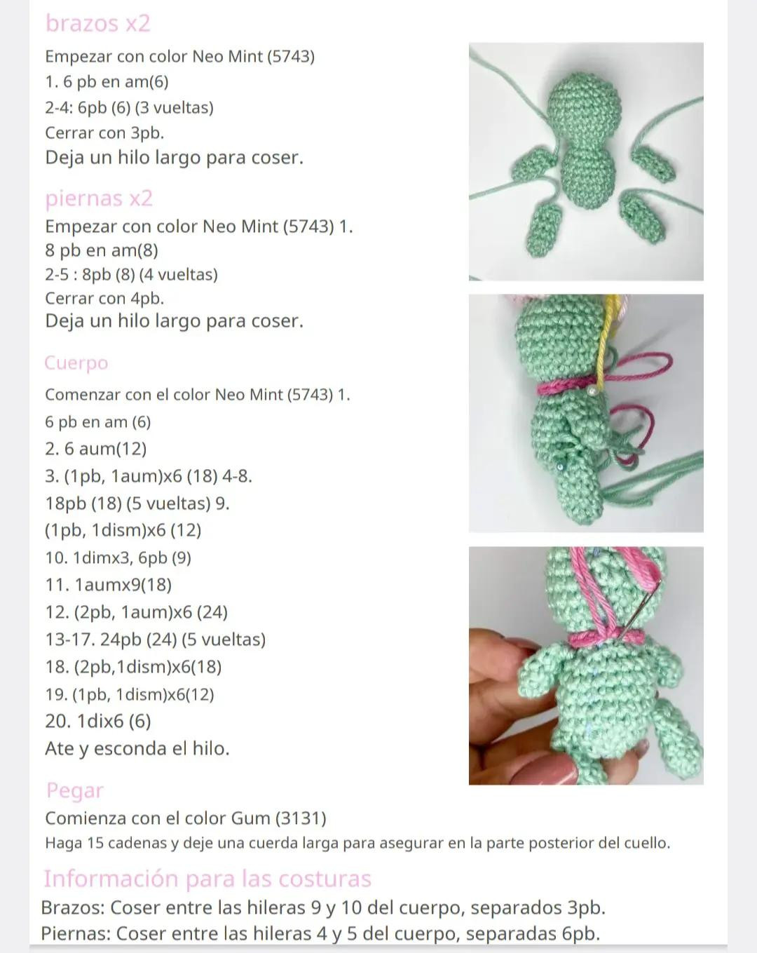 Patrón de ganchillo para muñeca amigurumi con disfraz de Stitch, incluyendo lista de materiales y diagramas paso a paso