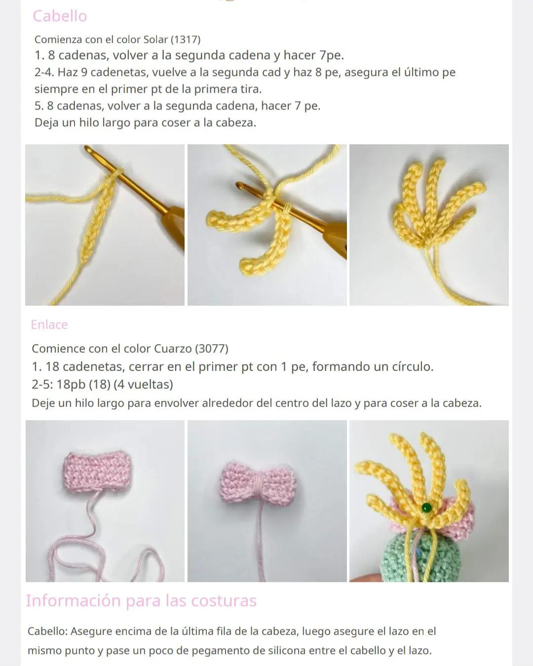 Patrón de ganchillo para muñeca amigurumi con disfraz de Stitch, incluyendo lista de materiales y diagramas paso a paso