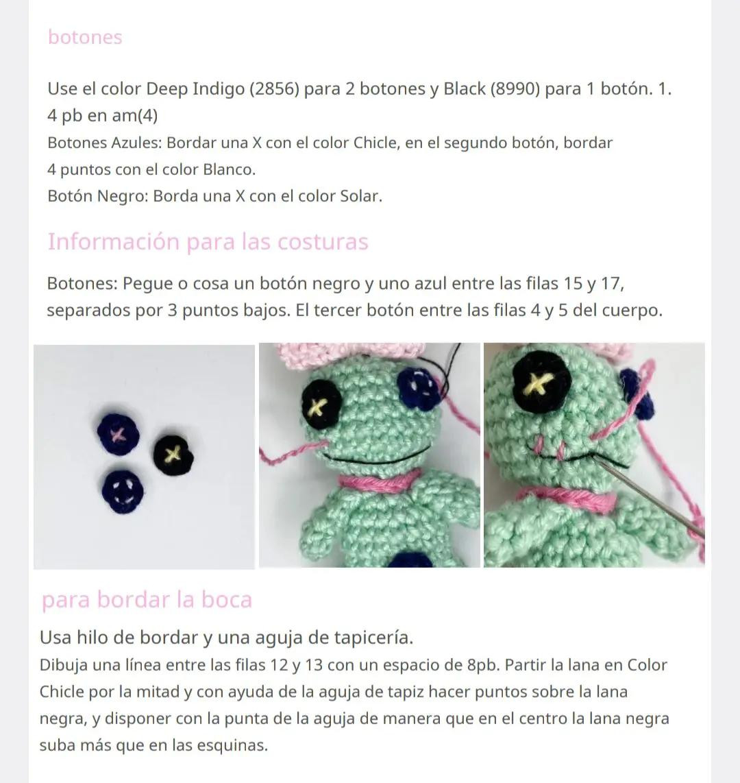 Patrón de ganchillo para muñeca amigurumi con disfraz de Stitch, incluyendo lista de materiales y diagramas paso a paso