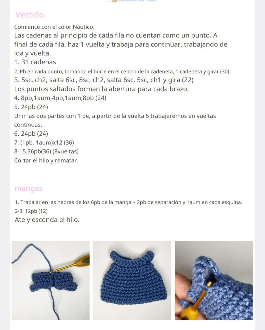 Patrón de ganchillo para muñeca amigurumi con disfraz de Stitch, incluyendo lista de materiales y diagramas paso a paso