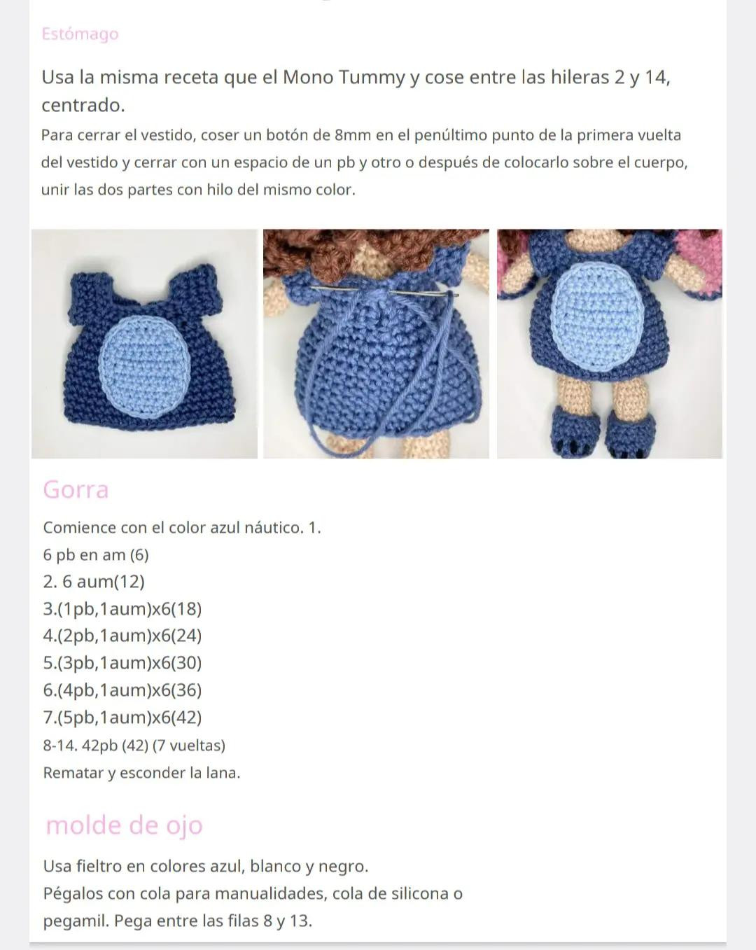 Patrón de ganchillo para muñeca amigurumi con disfraz de Stitch, incluyendo lista de materiales y diagramas paso a paso