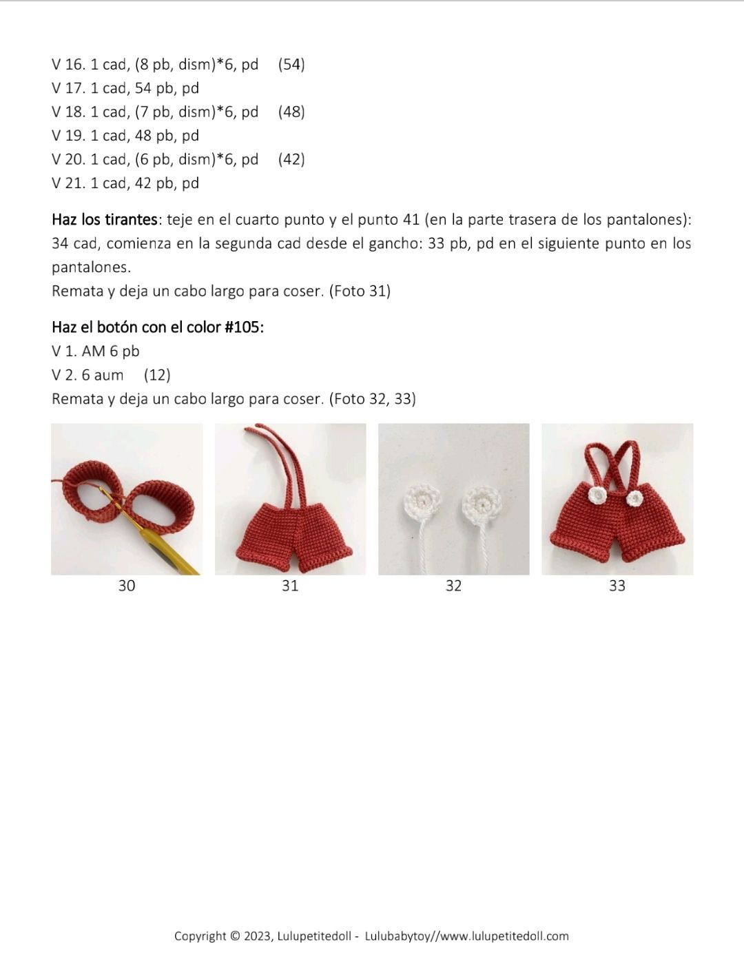 Patrón de ganchillo para muñeca amigurumi Nikki con orejas de ratón y overol rojo