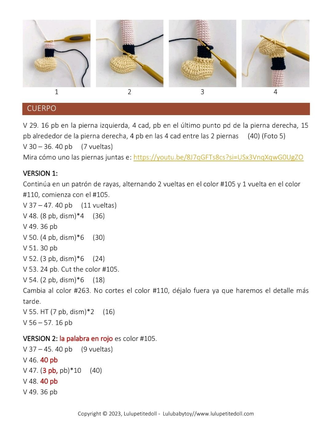 Patrón de ganchillo para muñeca amigurumi Nikki con orejas de ratón y overol rojo