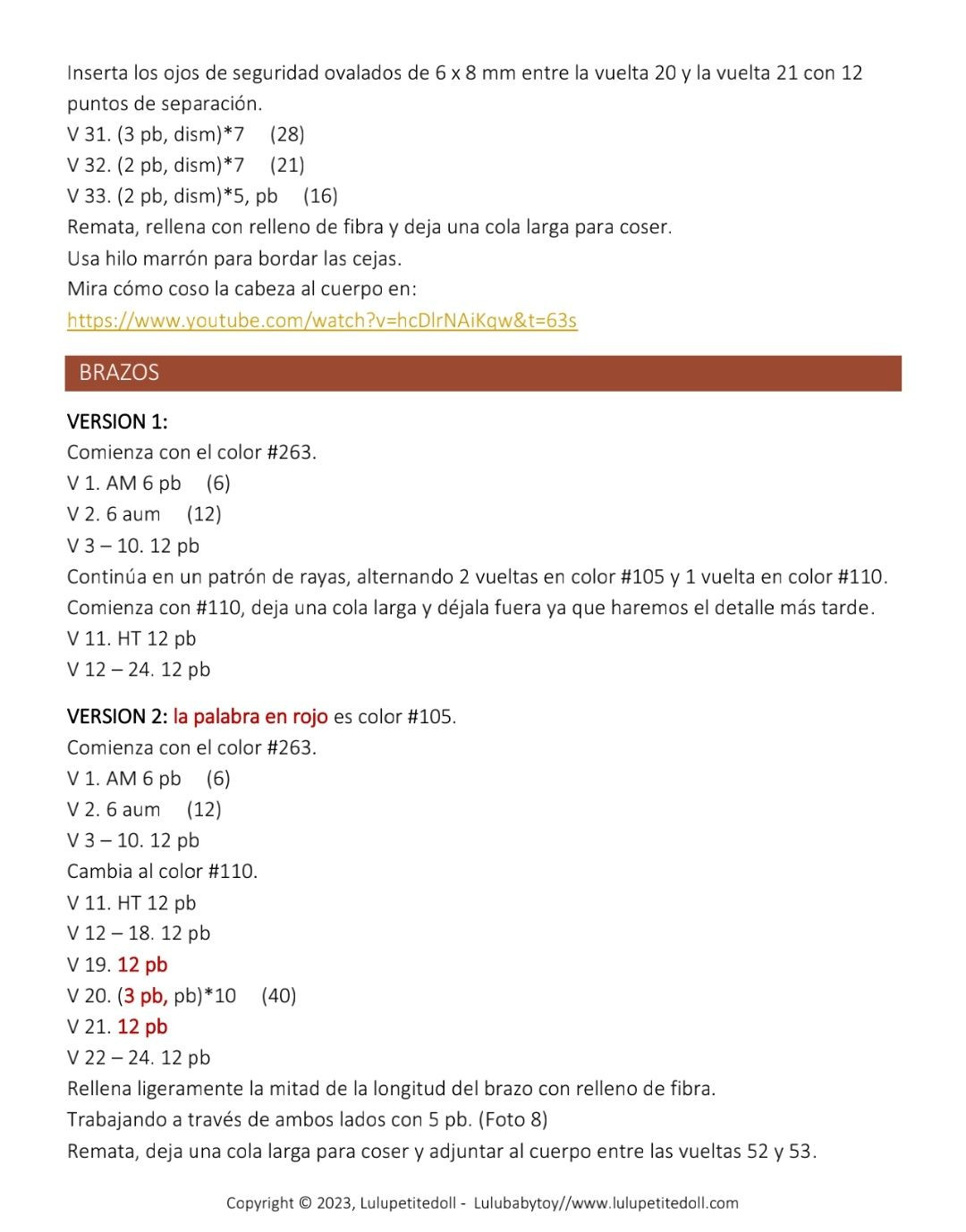 Patrón de ganchillo para muñeca amigurumi Nikki con orejas de ratón y overol rojo