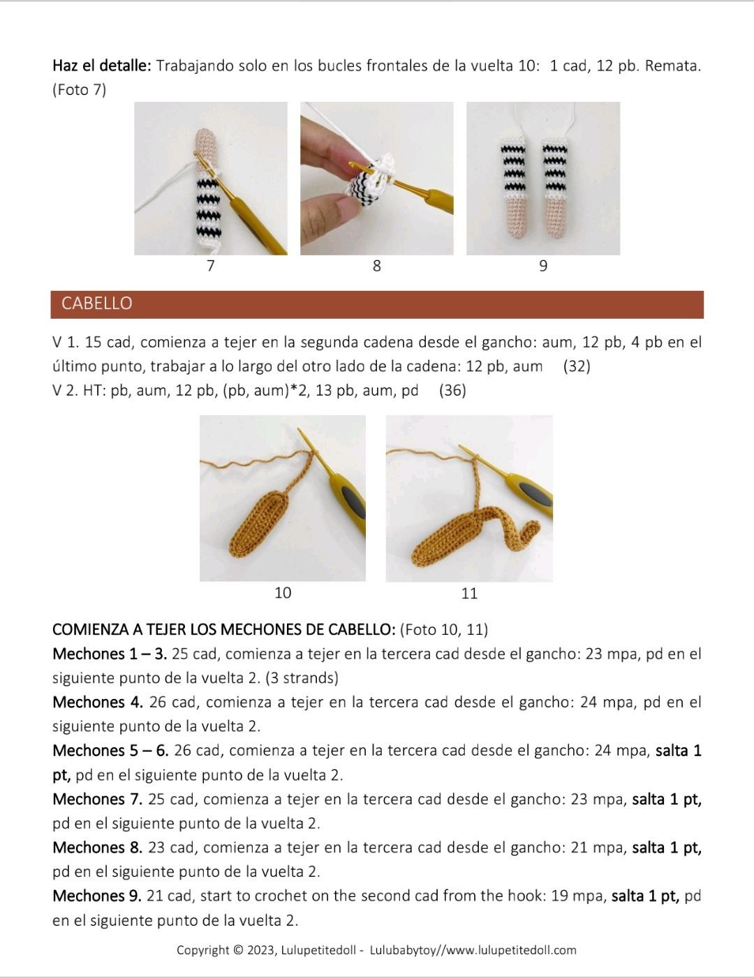 Patrón de ganchillo para muñeca amigurumi Nikki con orejas de ratón y overol rojo