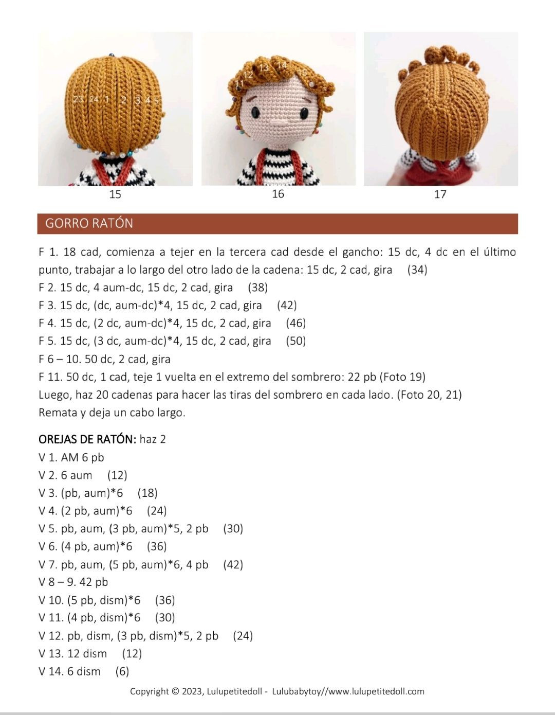 Patrón de ganchillo para muñeca amigurumi Nikki con orejas de ratón y overol rojo