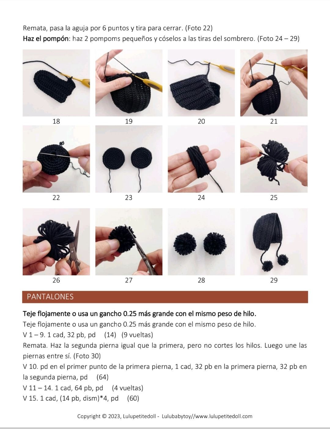 Patrón de ganchillo para muñeca amigurumi Nikki con orejas de ratón y overol rojo