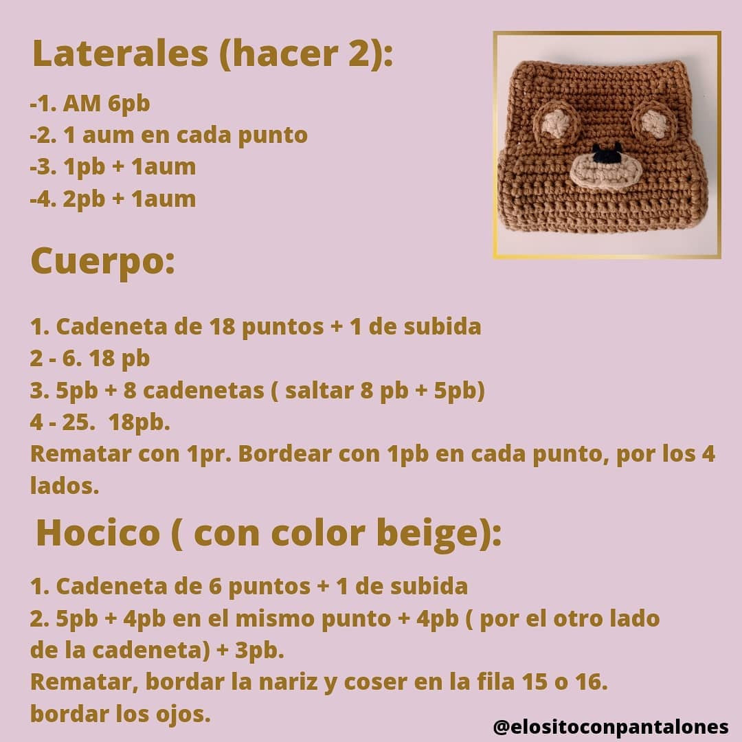 Patrón de Ganchillo para Porta Bolsas Mascota: Diseño Oso Café con Orejas y Hocico Beige