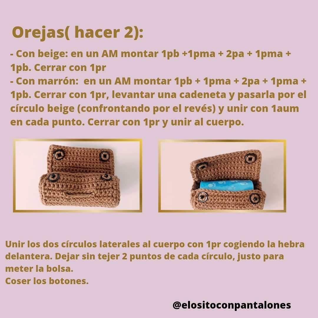 Patrón de Ganchillo para Porta Bolsas Mascota: Diseño Oso Café con Orejas y Hocico Beige
