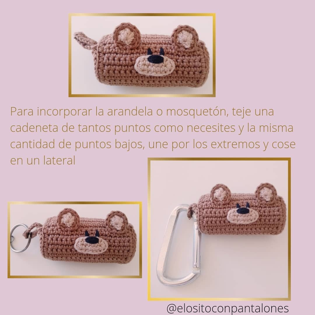 Patrón de Ganchillo para Porta Bolsas Mascota: Diseño Oso Café con Orejas y Hocico Beige