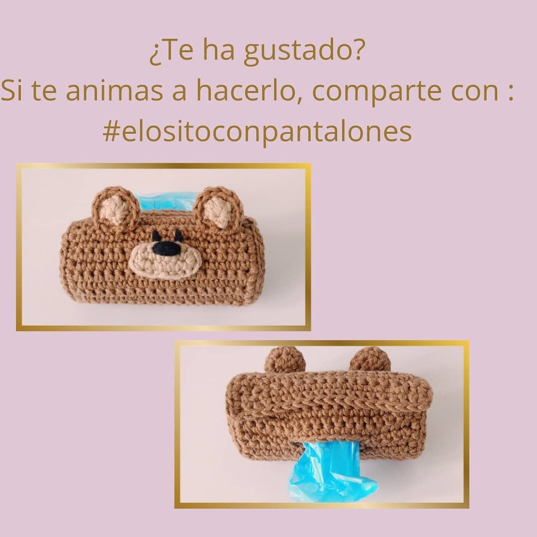 Patrón de Ganchillo para Porta Bolsas Mascota: Diseño Oso Café con Orejas y Hocico Beige