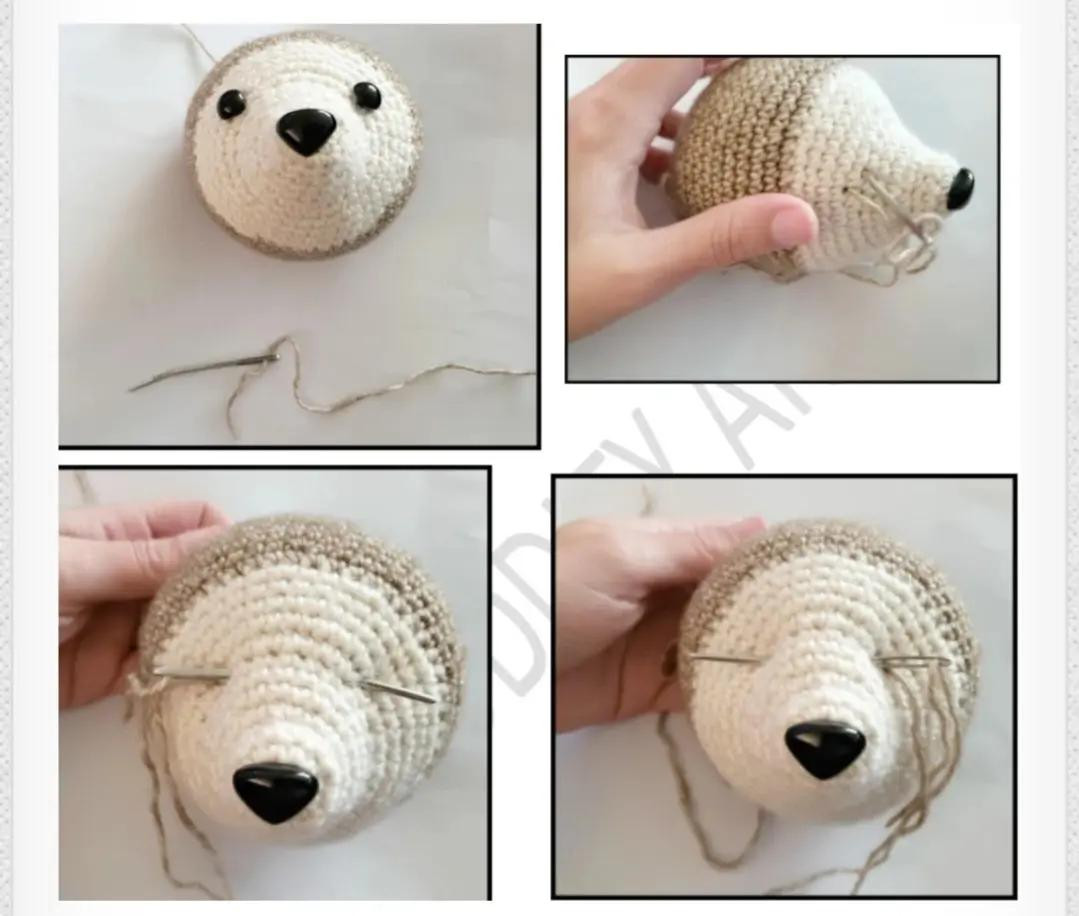 Patrón de ganso amigurumi con corazón de madera, hilo color crema y marrón