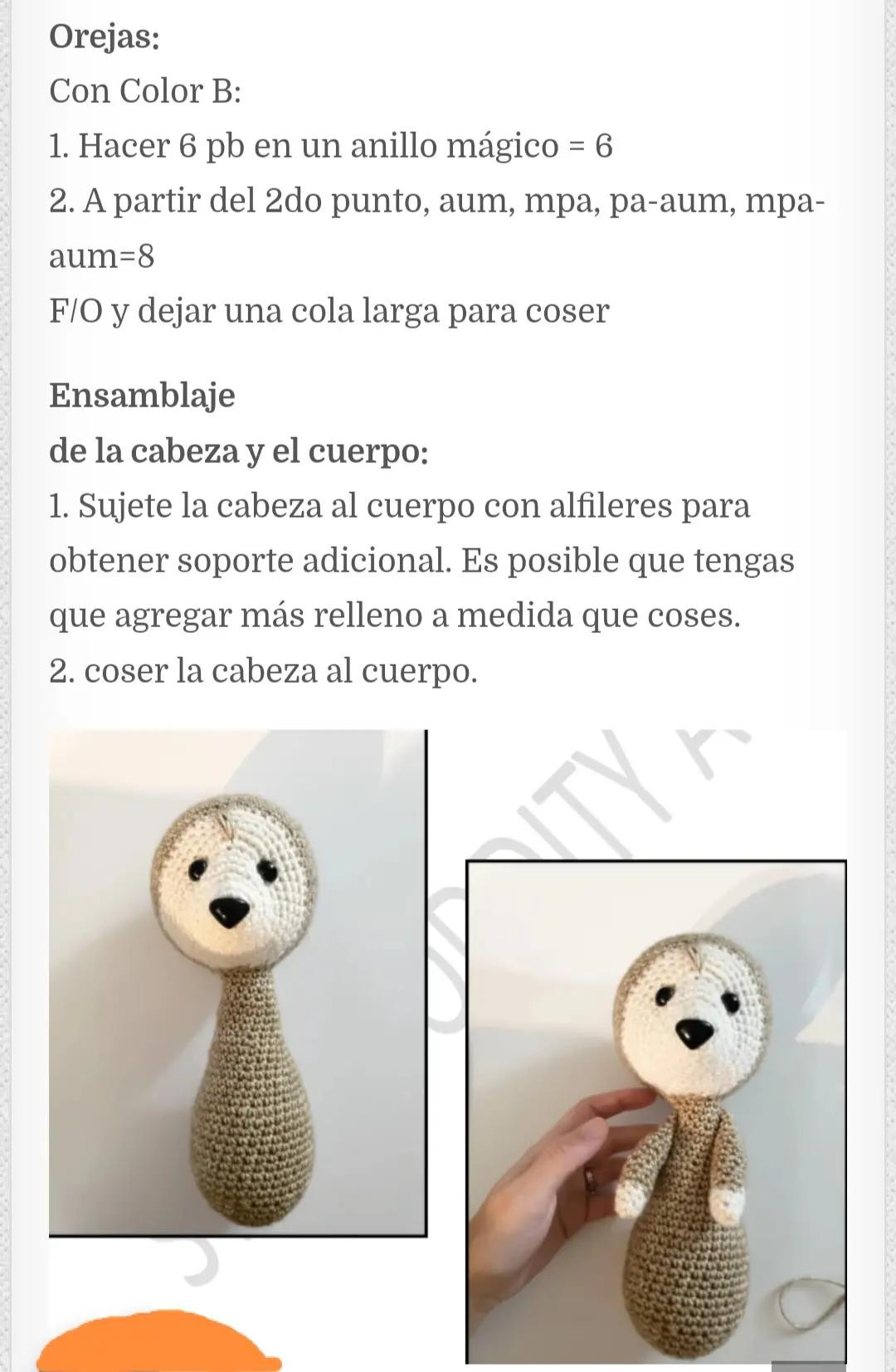 Patrón de ganso amigurumi con corazón de madera, hilo color crema y marrón