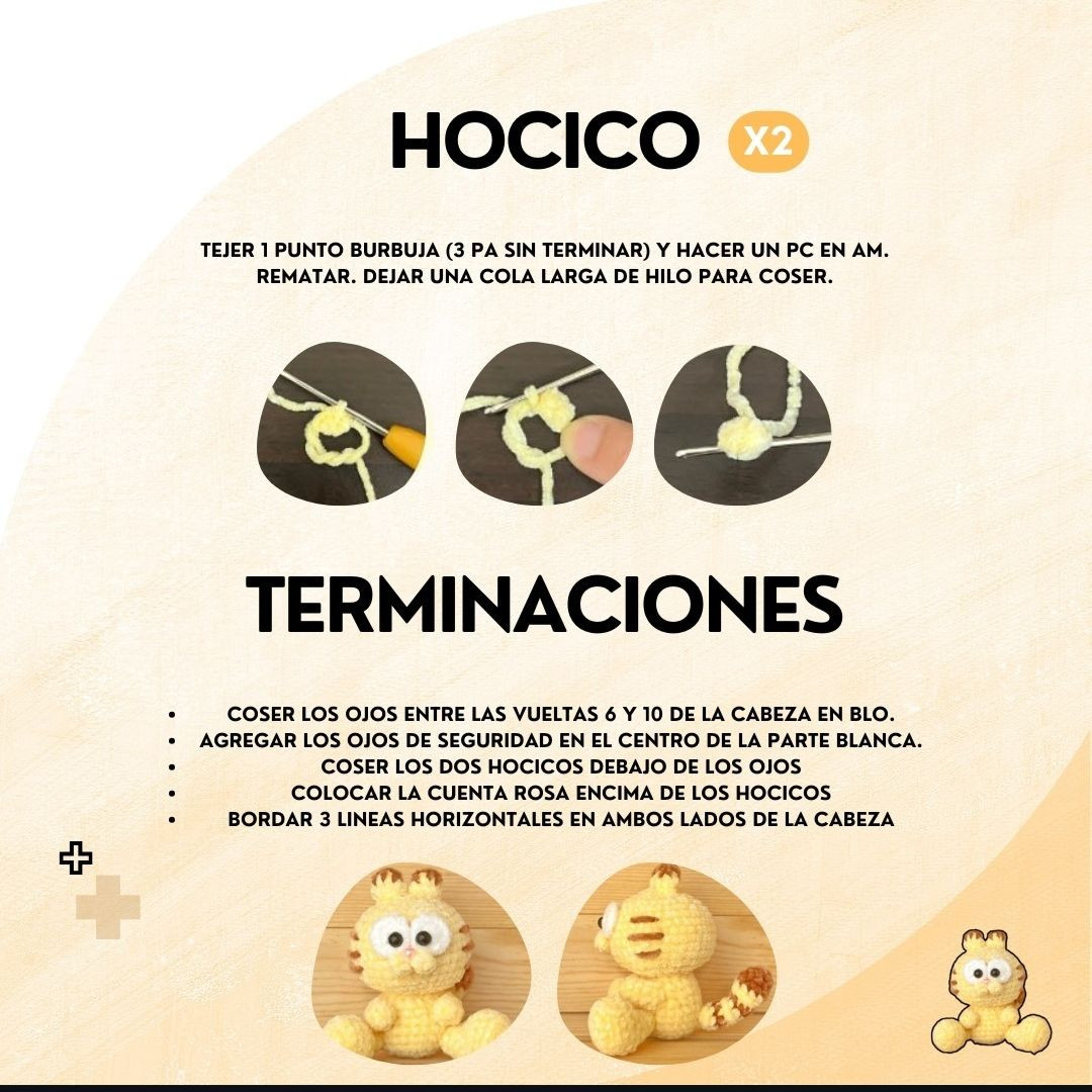 Patrón de Gato Garfield Amigurumi Mochado Amarillo Paso a Paso