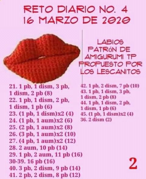 Patrón de labios amigurumi propuesto por Los Lescanitos