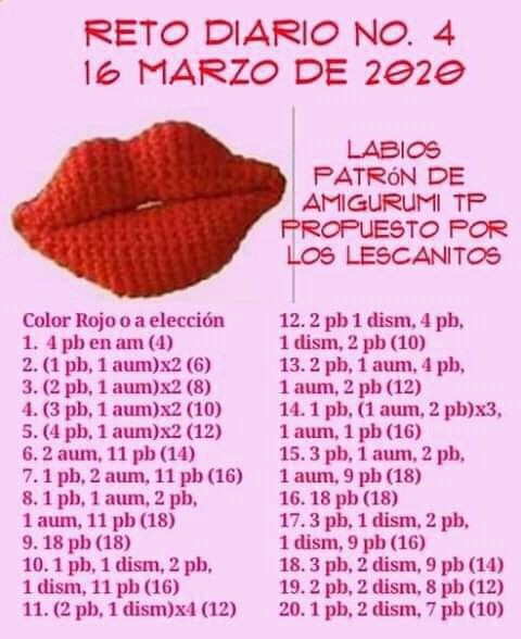 Patrón de labios amigurumi propuesto por Los Lescanitos