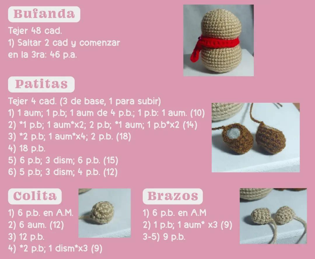 Patrón de llavero amigurumi Tsuki con bufanda roja y patas marrones