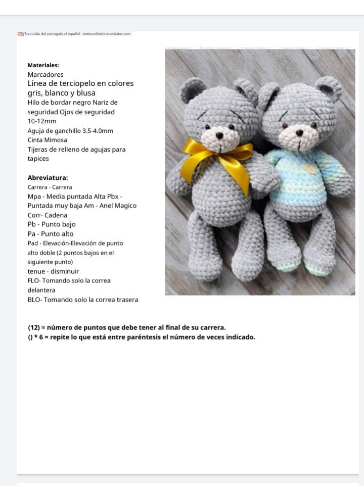 Patrón de osito gris y azul con instrucciones