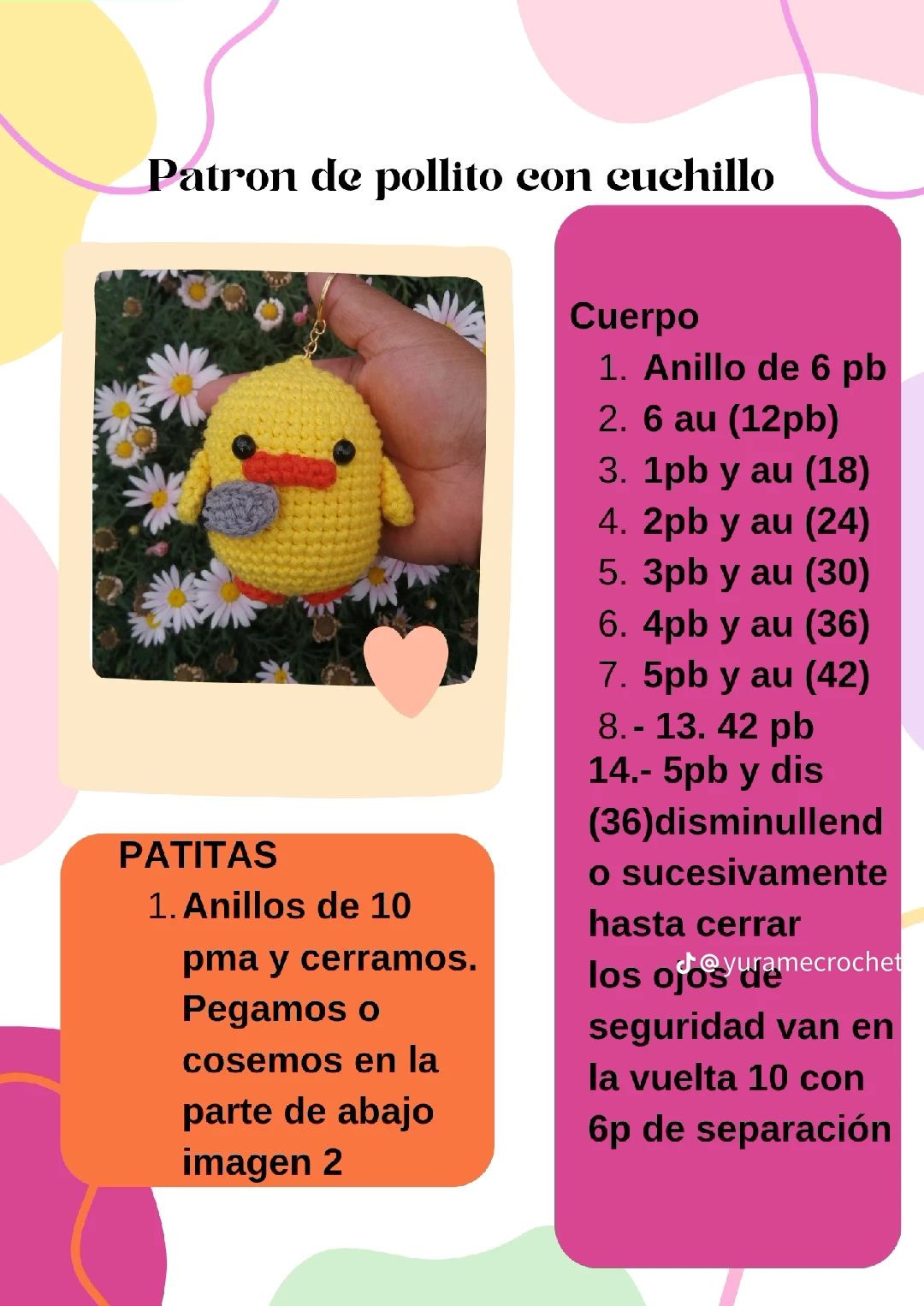 Patron de pollito con cuchillo amigurumi