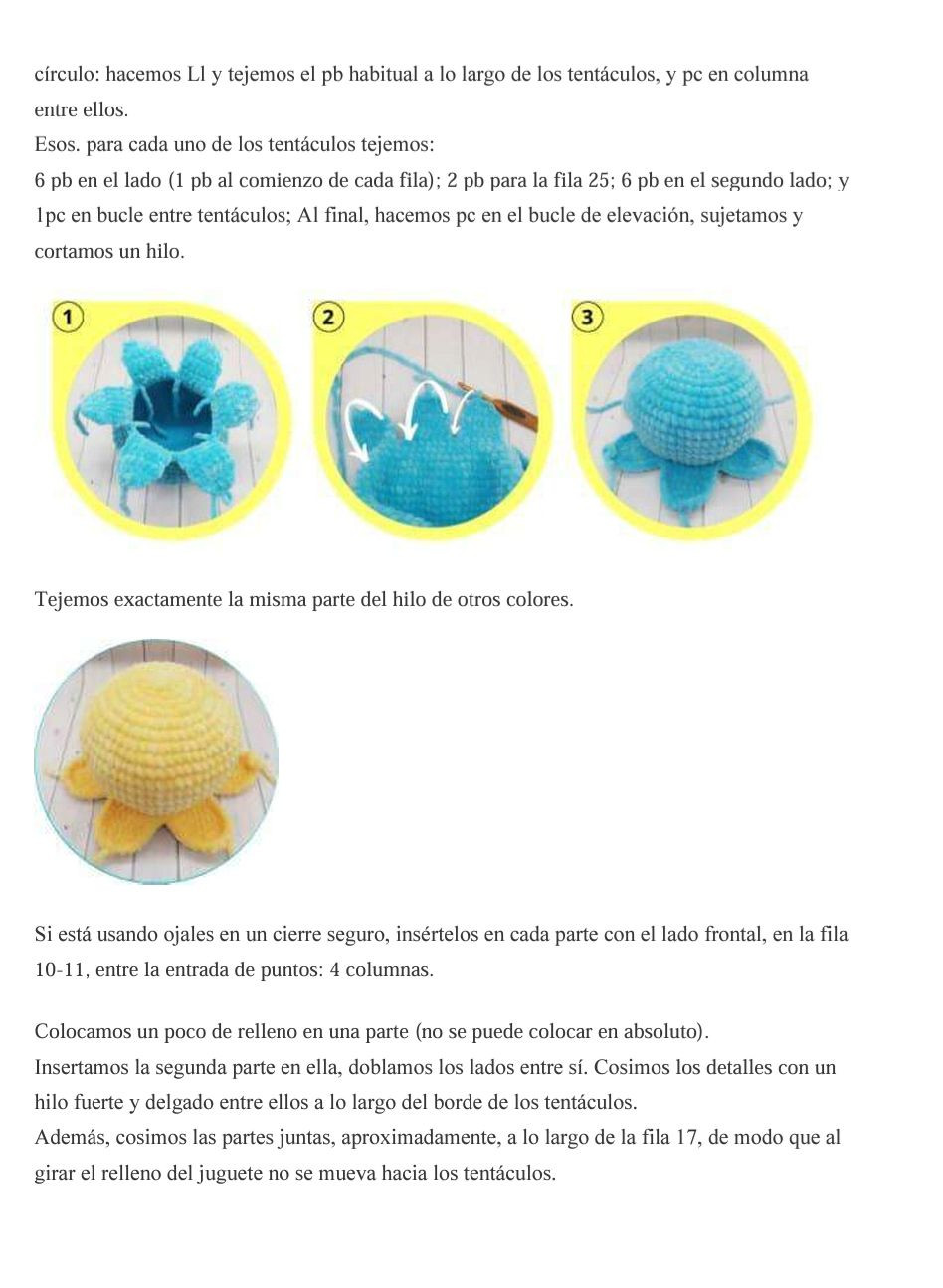 Patron de pulpo amigurumi paso a paso en amarillo y azul