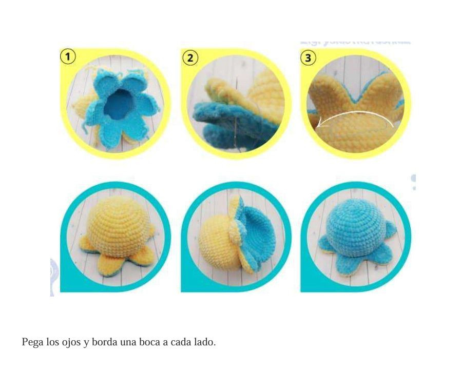 Patron de pulpo amigurumi paso a paso en amarillo y azul