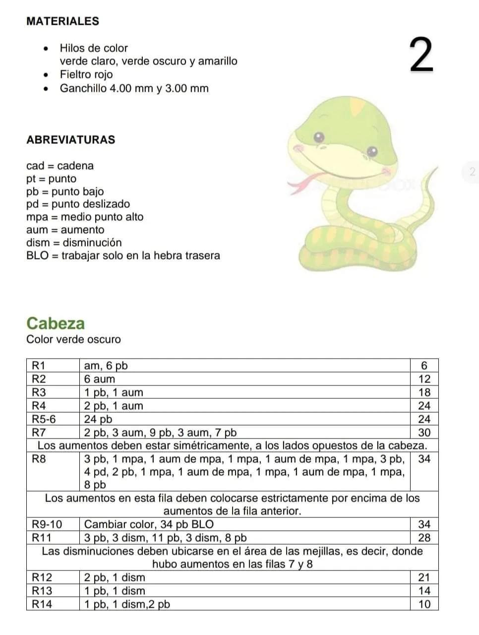 Patrón de tejido a crochet para hacer una serpiente amigurumi verde y amarilla