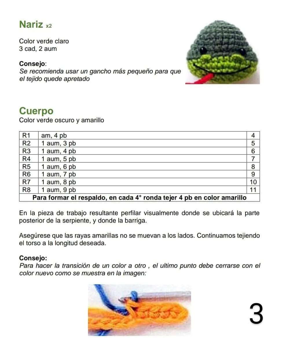 Patrón de tejido a crochet para hacer una serpiente amigurumi verde y amarilla