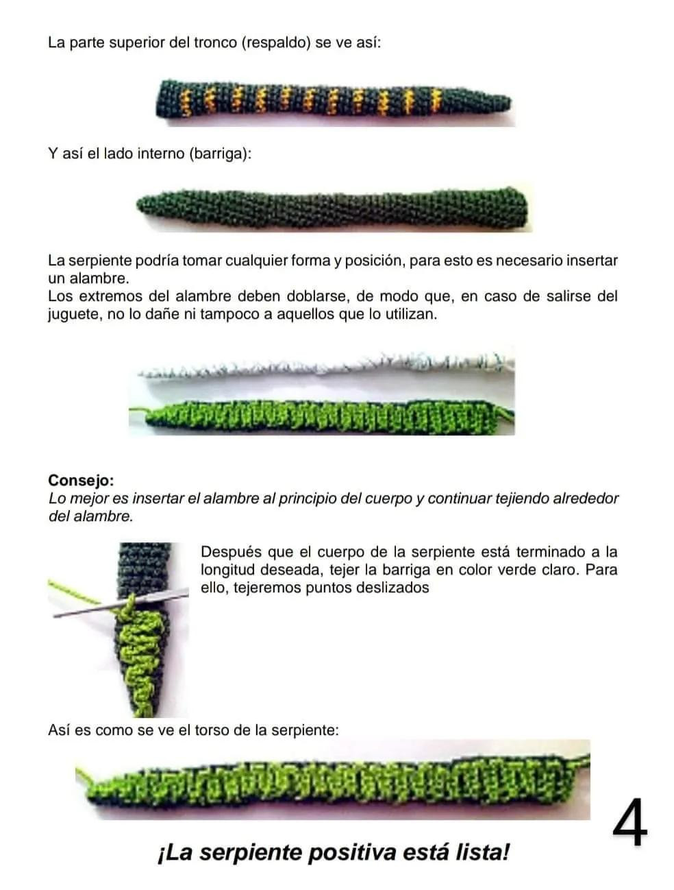 Patrón de tejido a crochet para hacer una serpiente amigurumi verde y amarilla