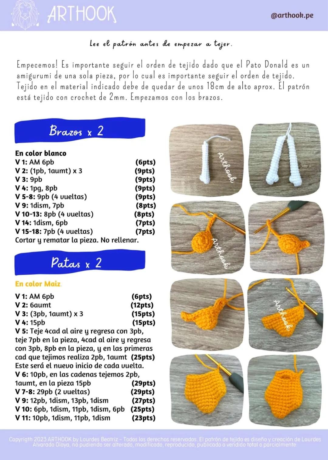 Patrón de tejido a crochet para Pato Donald (Donald Duck) - Parte 1: Brazos, Patas y Cuerpo