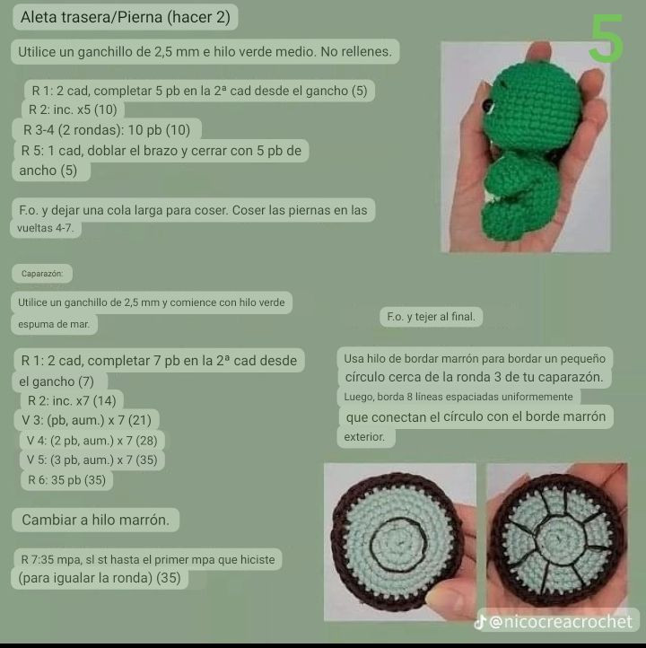 Patrón de tortuga amigurumi verde con girasol