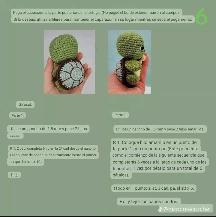 Patrón de tortuga amigurumi verde con girasol