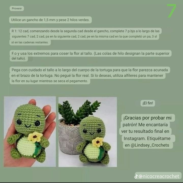 Patrón de tortuga amigurumi verde con girasol