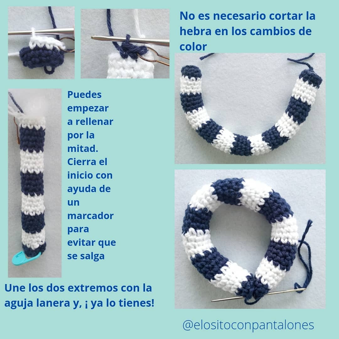 Patrón flotador: Cómo hacer un salvavidas de ganchillo con hilo azul marino y blanco