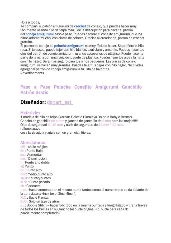 Patron Ganchillo Conejito Amigurumi Rosa Paso a Paso