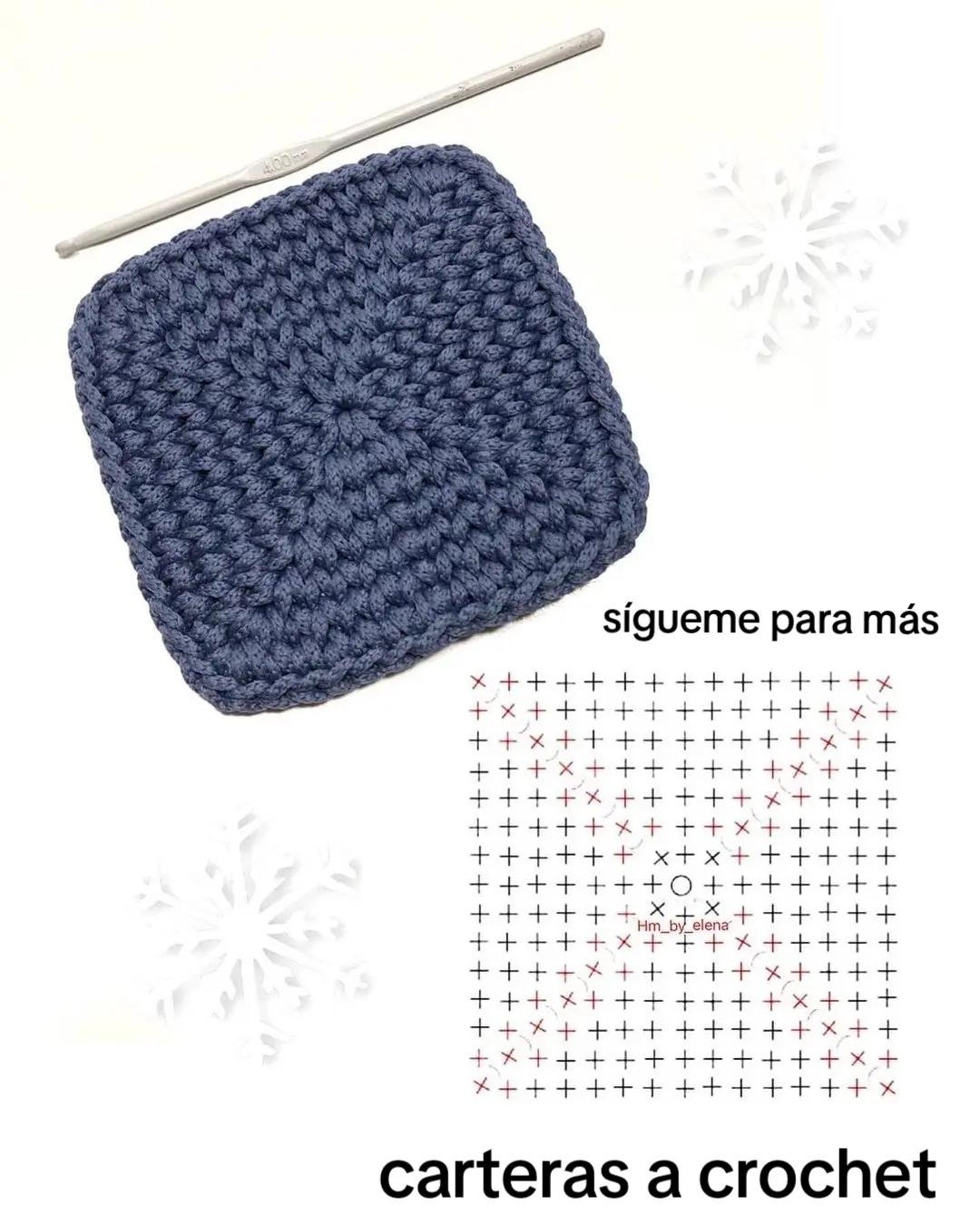 Patrón gráfico para cartera cuadrada de crochet azul con puntos trapillo