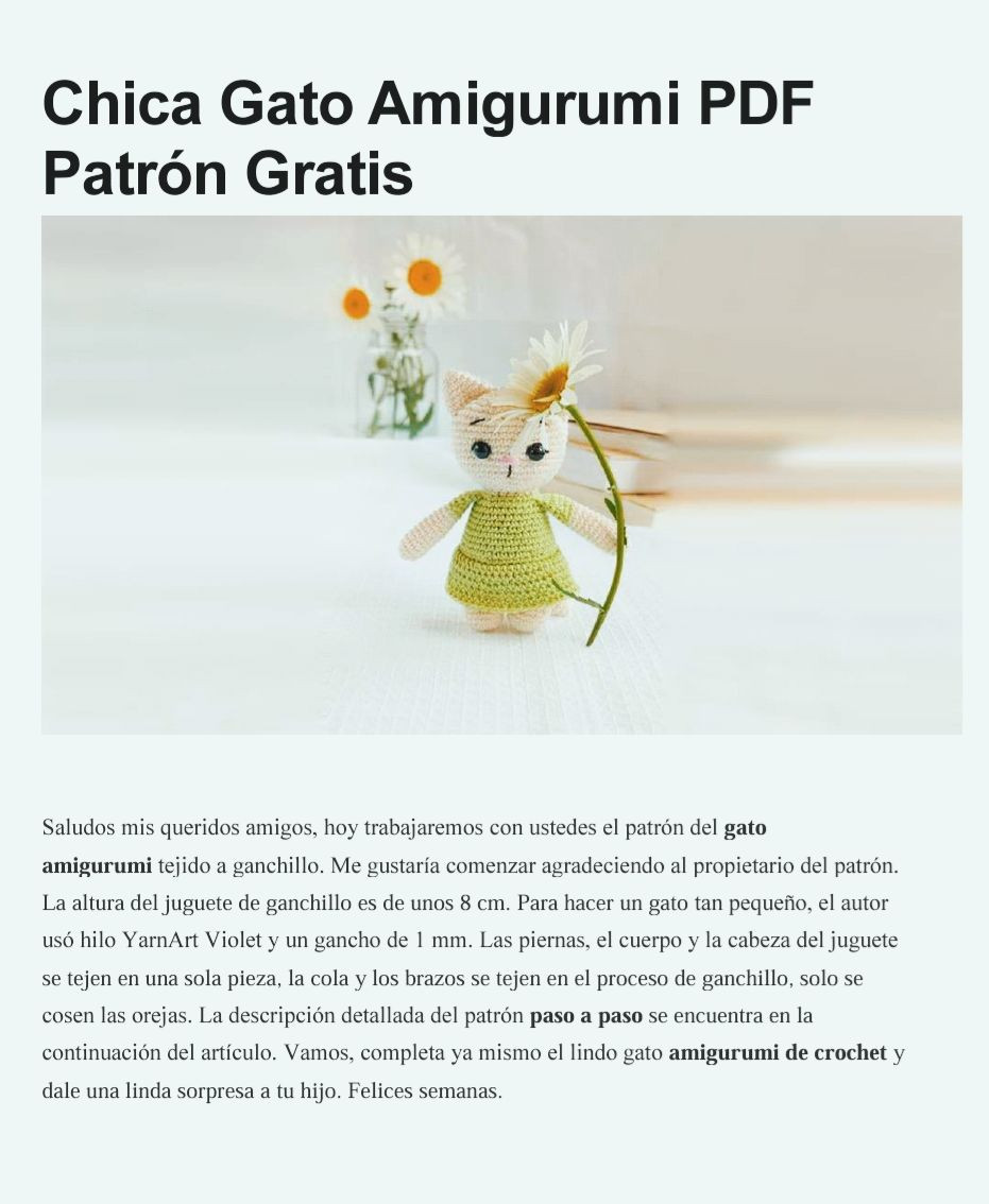 Patrón gratis Amigurumi Chica Gato con vestido verde y flores