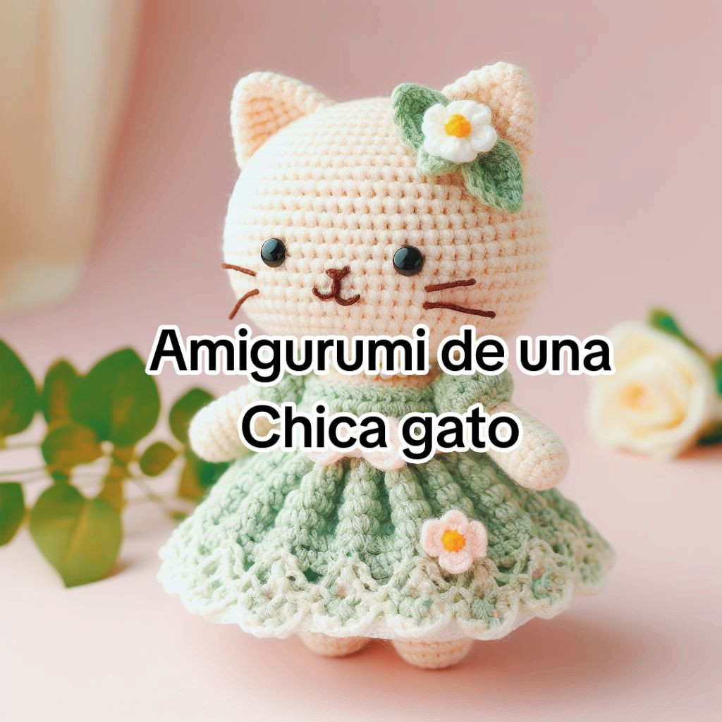 Patrón gratis Amigurumi Chica Gato con vestido verde y flores