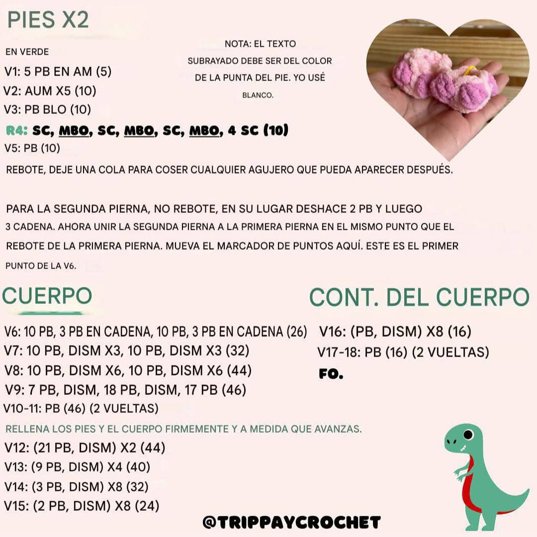 Patrón Gratis Amigurumi Dino-Ácaro Verde con Corazones
