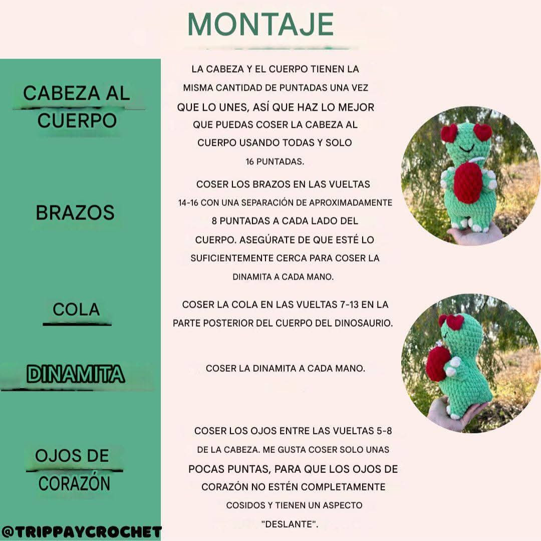 Patrón Gratis Amigurumi Dino-Ácaro Verde con Corazones
