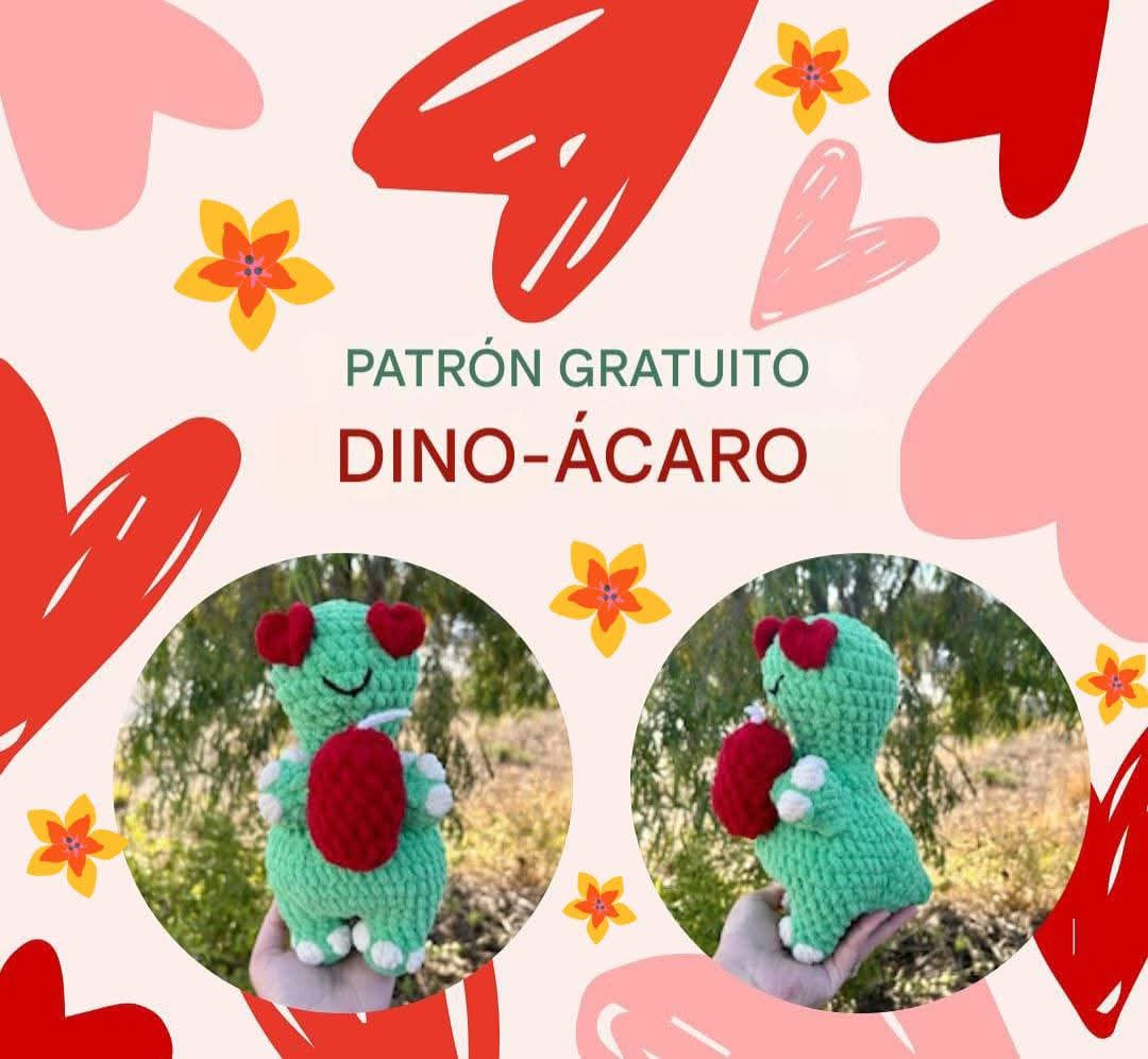 Patrón Gratis Amigurumi Dino-Ácaro Verde con Corazones