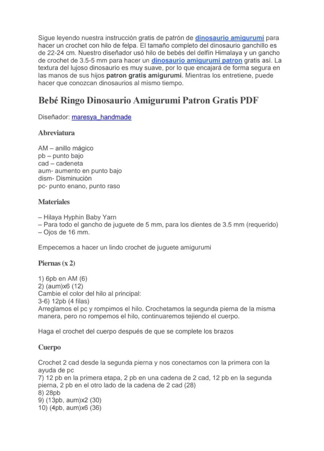 Patrón Gratis Amigurumi Dinosaurio Bebé Ringo PDF