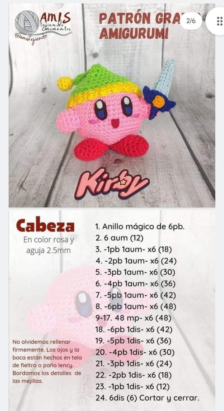 Patrón Gratis Amigurumi Kirby con Espada y Gorro - Tejer Paso a Paso