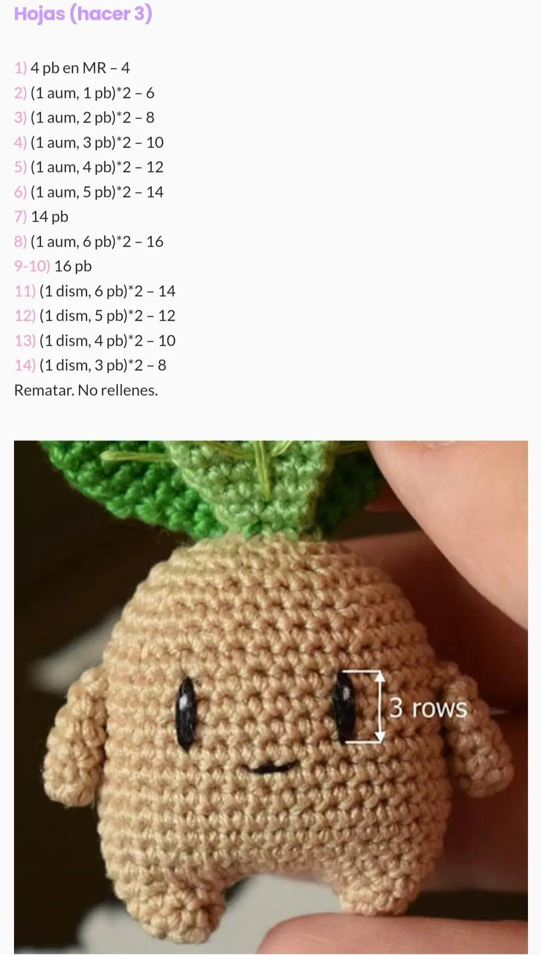Patrón gratis amigurumi mandrágora tierna con hojas verdes